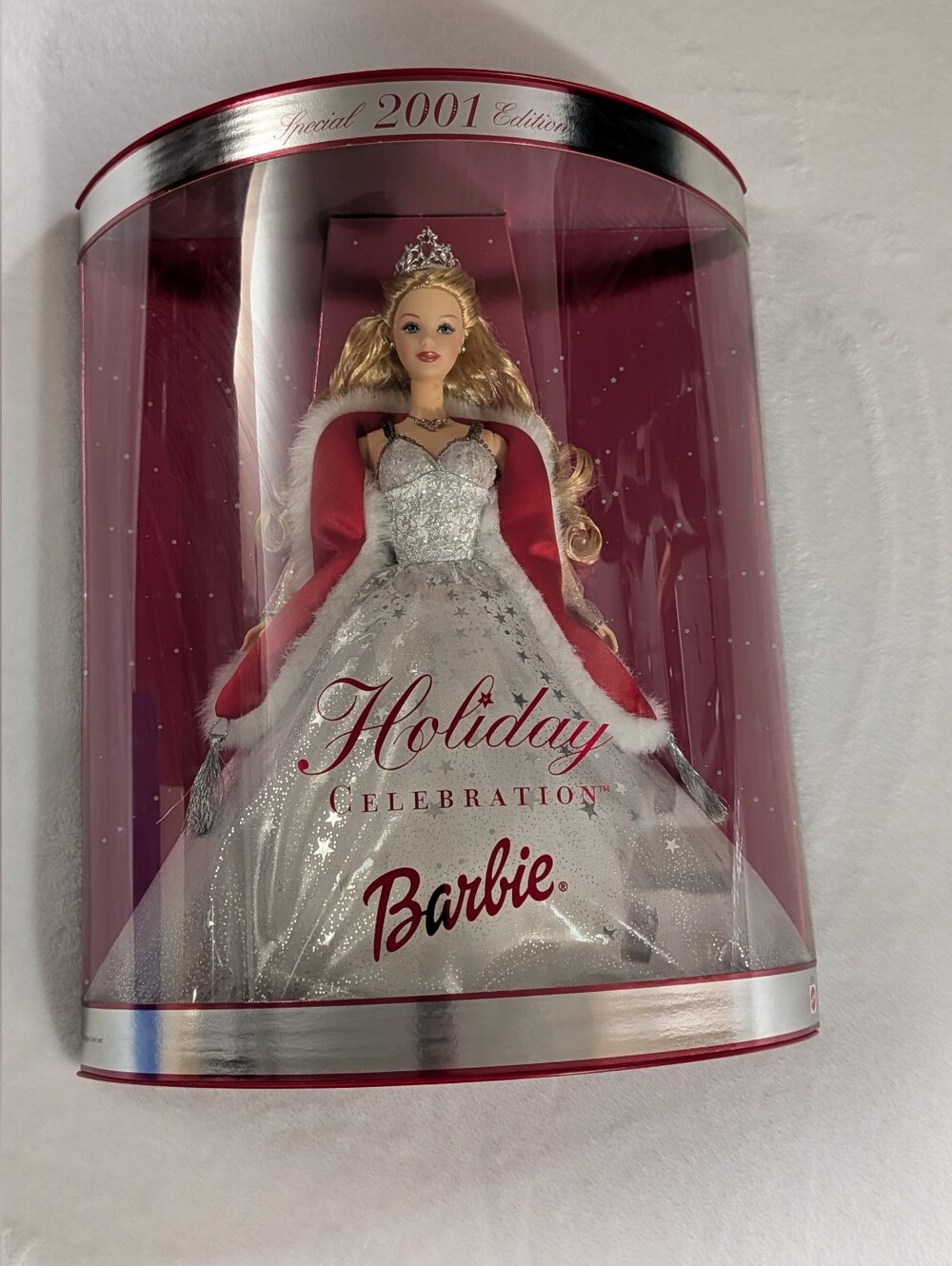 2001 Barbie Holiday Celebration Silver Gown with Red Velvet Cape, Unopened Box